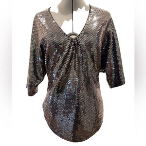 LaRok Shimmering V-Neck Bat Wing Gunmetal Black Sequin Blouse Party Vibes Large